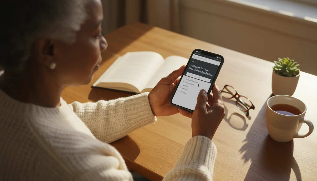 An African American senior woman is confidently using a generic smartphone, navigating a web browser to a bank's official website from a high angle flat lay perspective, in warm light.