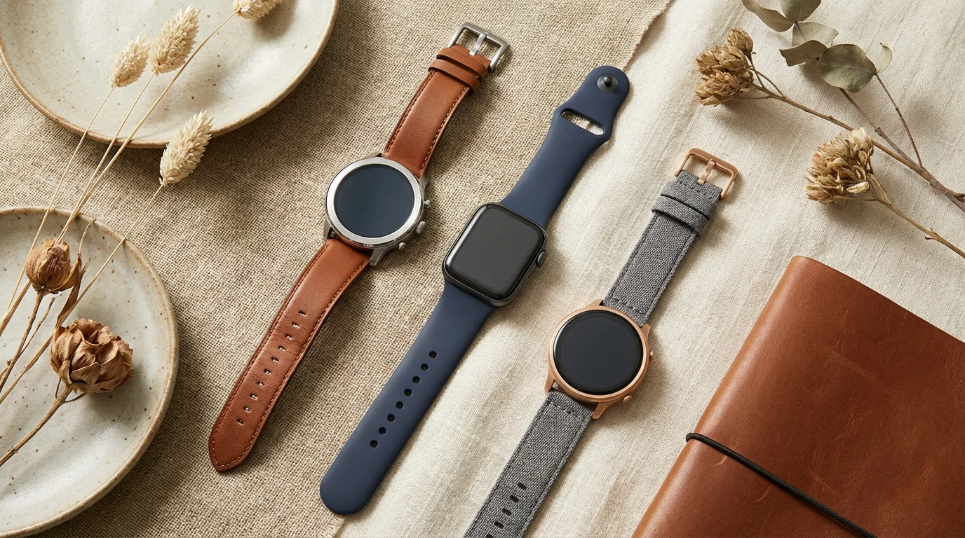 An array of different smartwatch styles and bands on a linen background.