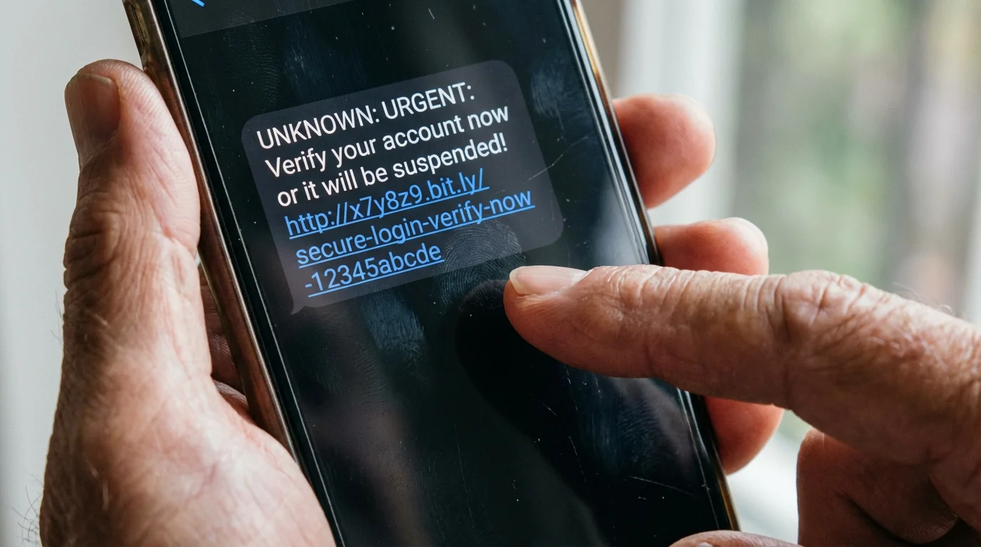 An extreme close-up of a smartphone screen showing a suspicious link in a text message.