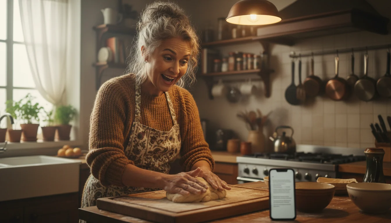 An eye-level view of a confident senior woman in a warm kitchen, kneading dough. She is speaking to her smartphone on the counter, showing generic text.