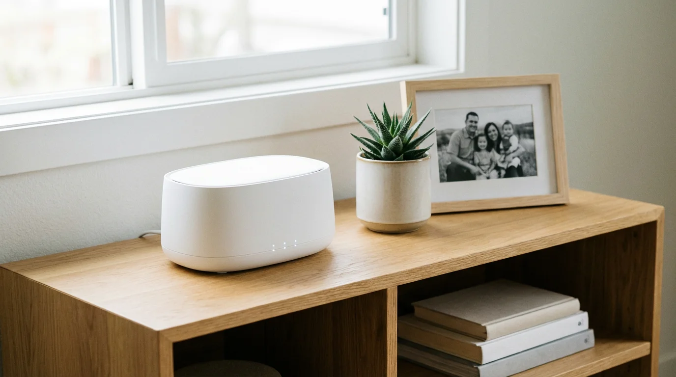 An internet router on a bookshelf next to a family photo.