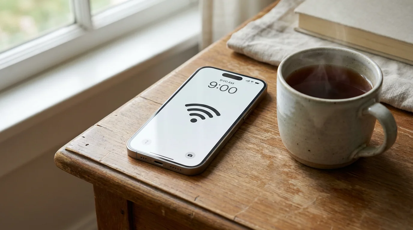 An iPhone and a cup of tea on a wooden table, highlighting the Wi-Fi connection.