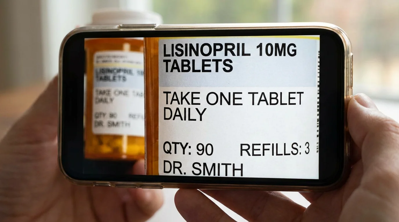 An iPhone screen showing a magnified and high-contrast view of a medicine bottle label.