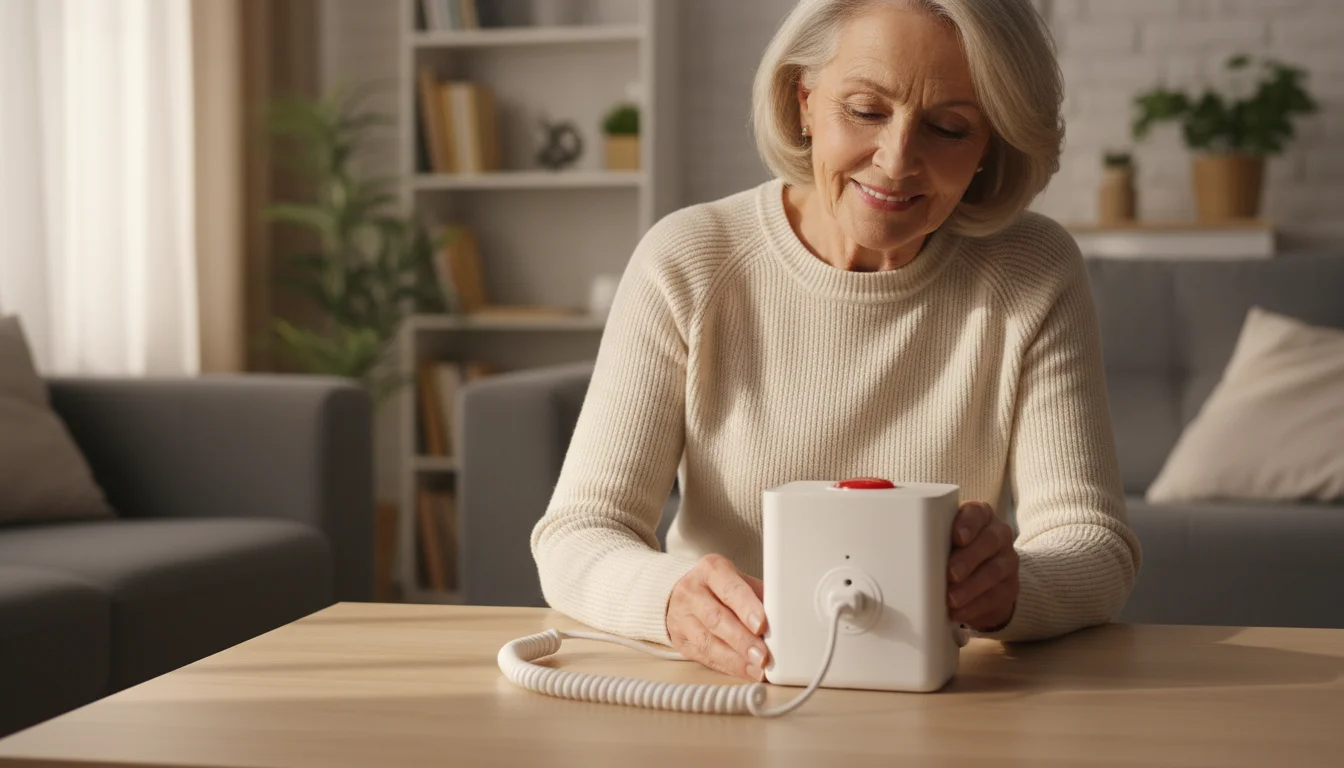 An older adult plugging a power cord into a white personal emergency response system base station on a light wooden table.