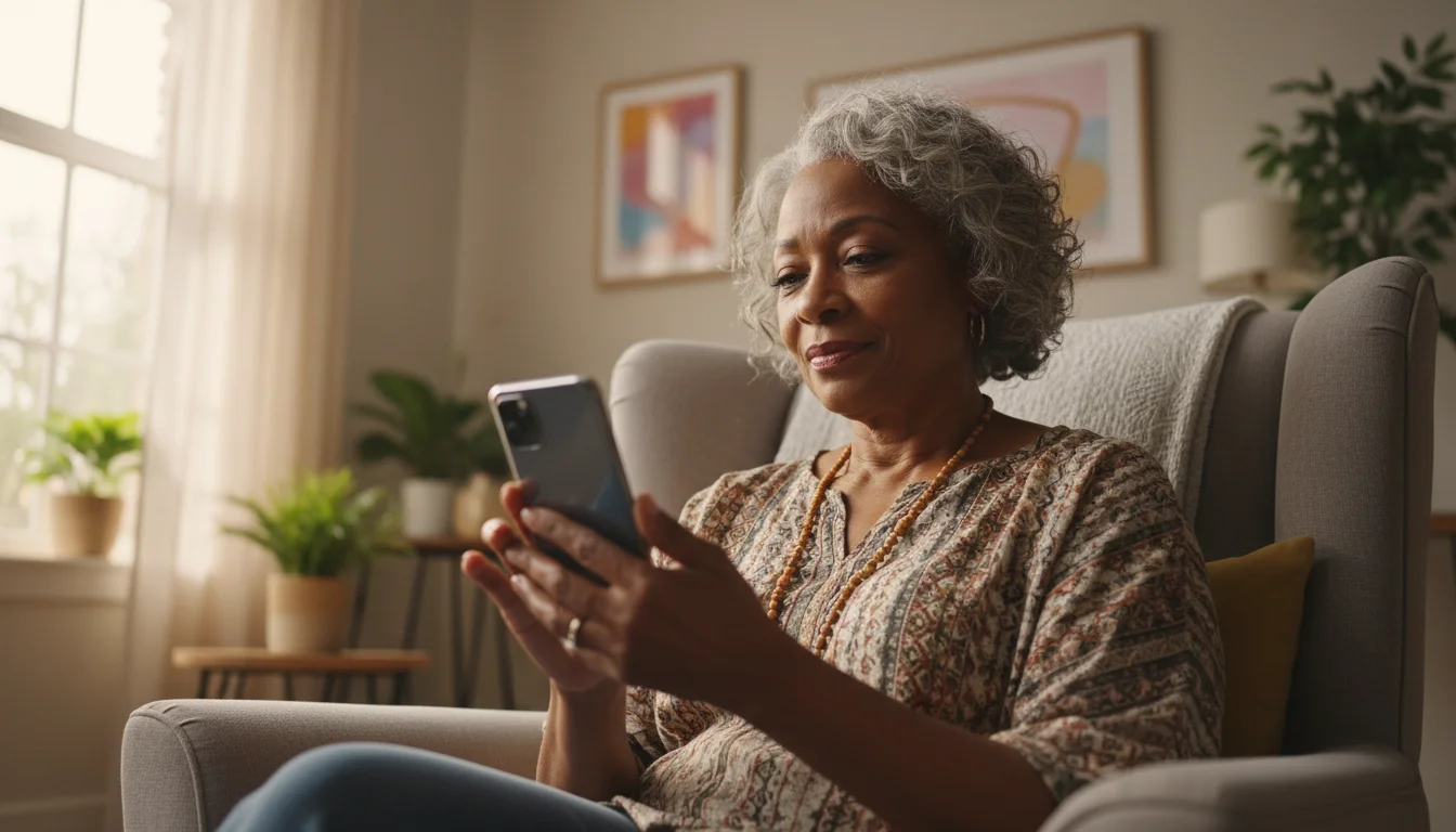 An older African American woman sitting comfortably, holding a generic smartphone and looking at its screen with a calm, focused expression in a sunlit living room.
