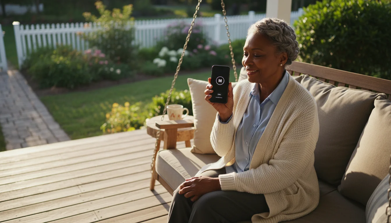 An older African American woman sitting on a porch swing, holding a smartphone to her mouth as she records a voice memo. Warm morning light.