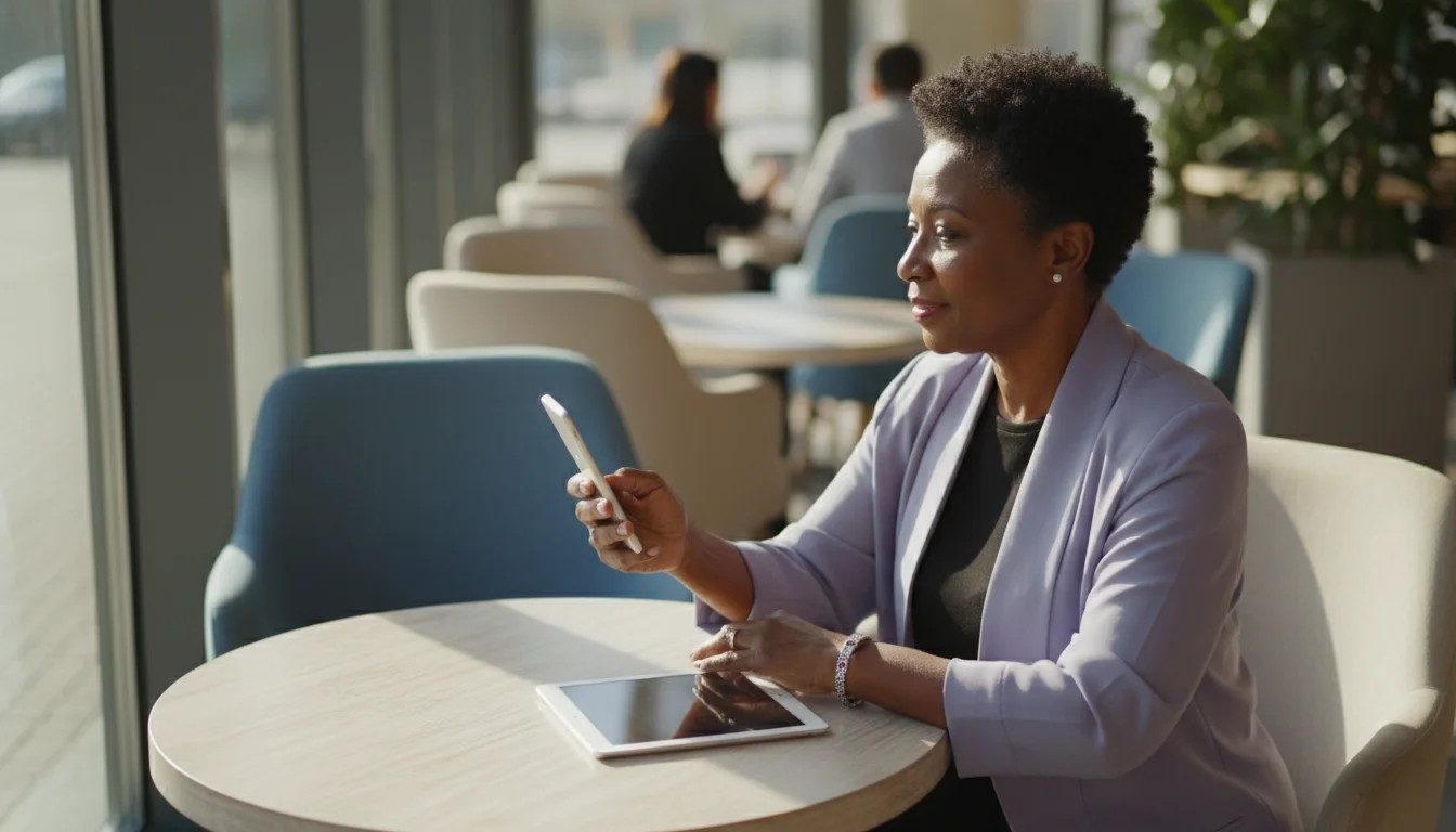 An older Black woman, seen from behind her shoulder, looking at her smartphone screen with a tablet nearby, bathed in warm natural light.