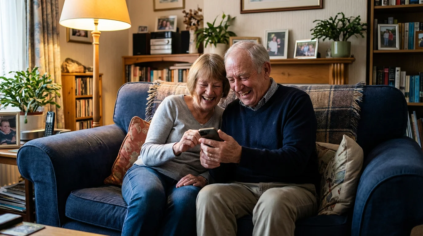 An older couple laughing together while looking at a smartphone.