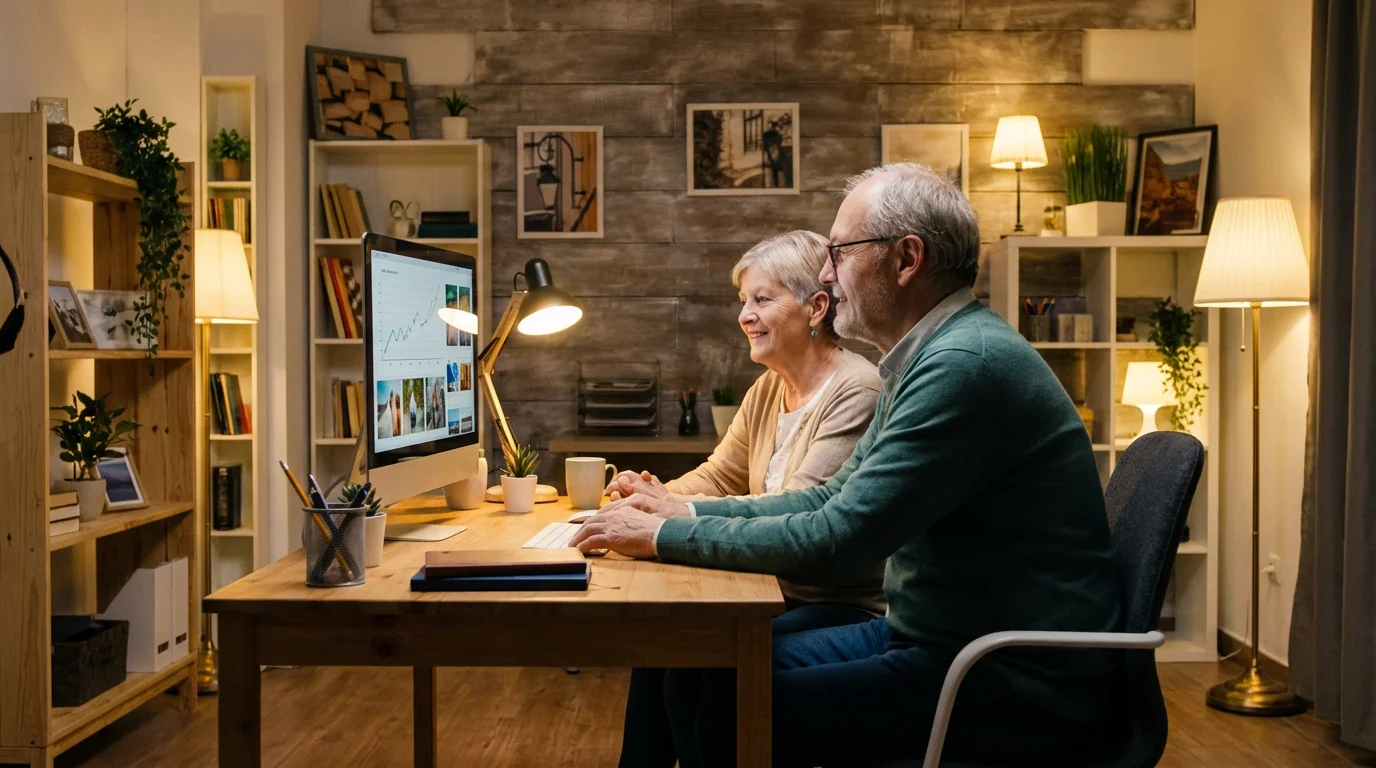 An older couple looking at a computer screen together in a cozy home office.