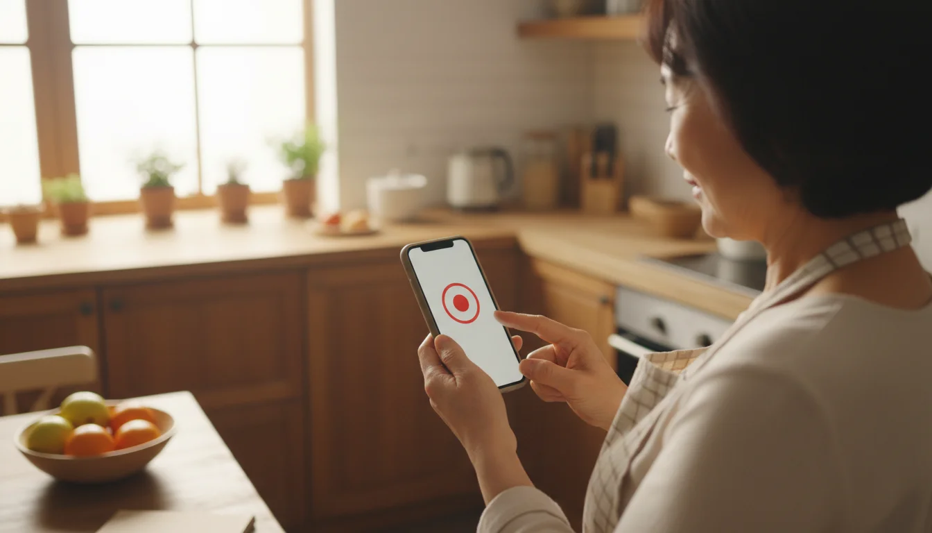 An older East Asian woman's hands holding a generic Android smartphone from an over-the-shoulder view, finger poised over a simple record icon on screen, in a brightly lit kitchen.