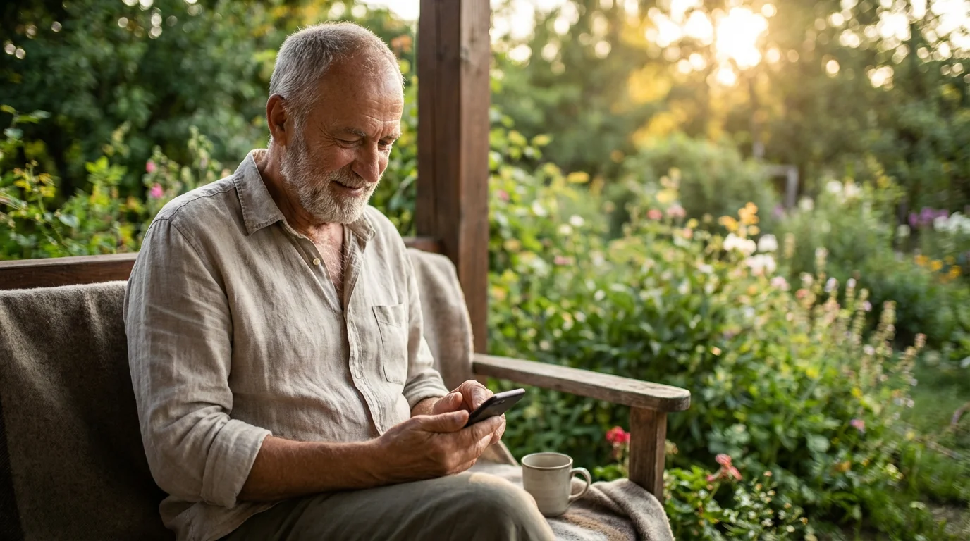 An older man looking relaxed while using his phone outdoors.