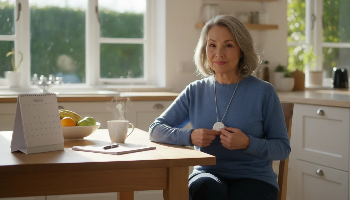 An older woman confidently pressing her emergency response system button at a kitchen table, with a calendar nearby.