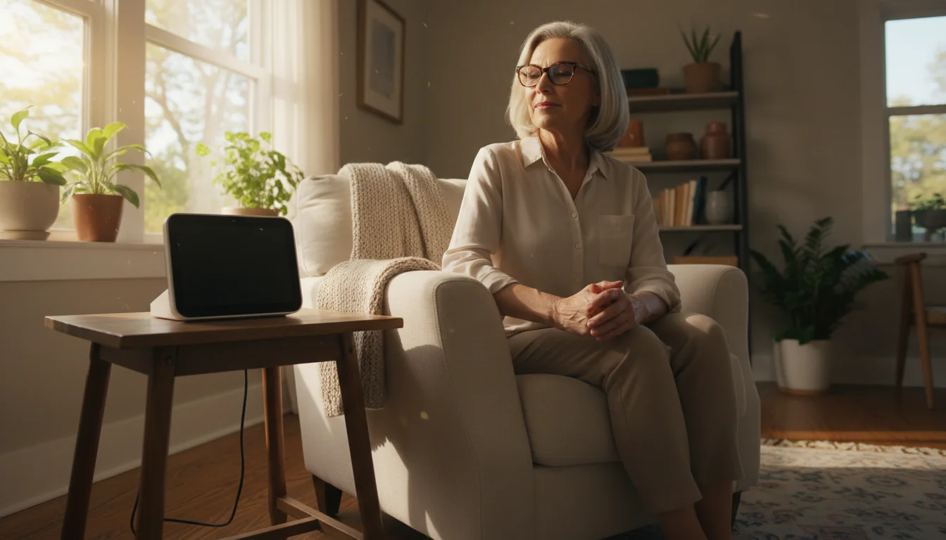 An older woman looking peacefully at an inactive personal emergency response system in her home, emphasizing privacy and security.