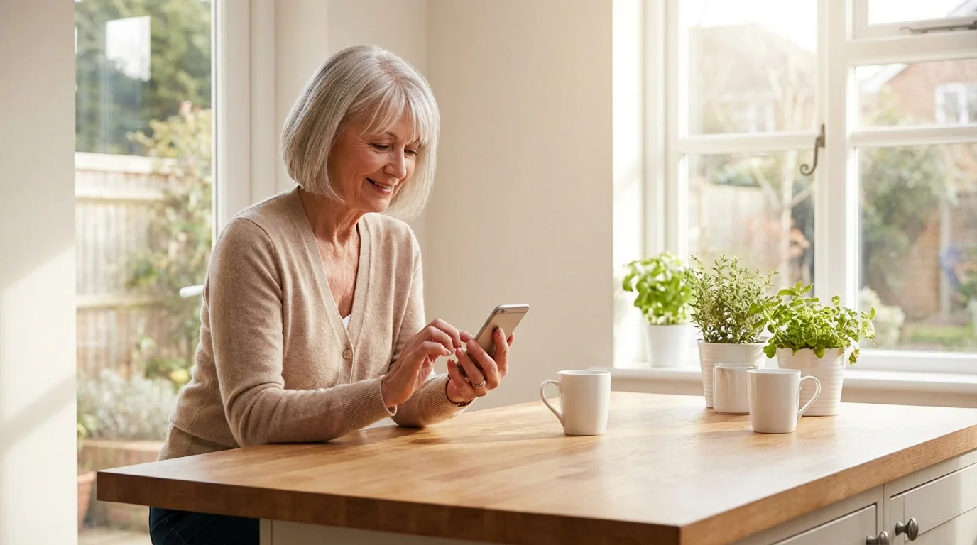 An older woman looks at her iPhone with a calm and confident expression in a bright kitchen.