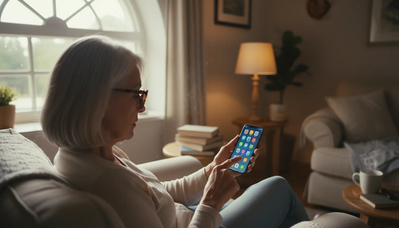 An older woman, seen over her shoulder, confidently searches for an app on a generic smartphone screen in a warm living room with soft, moody light.