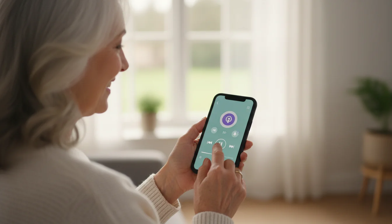 An older woman's hands lightly touch a smartphone screen, showing generic audio playback buttons and a subscription icon, viewed from over her shoulder.