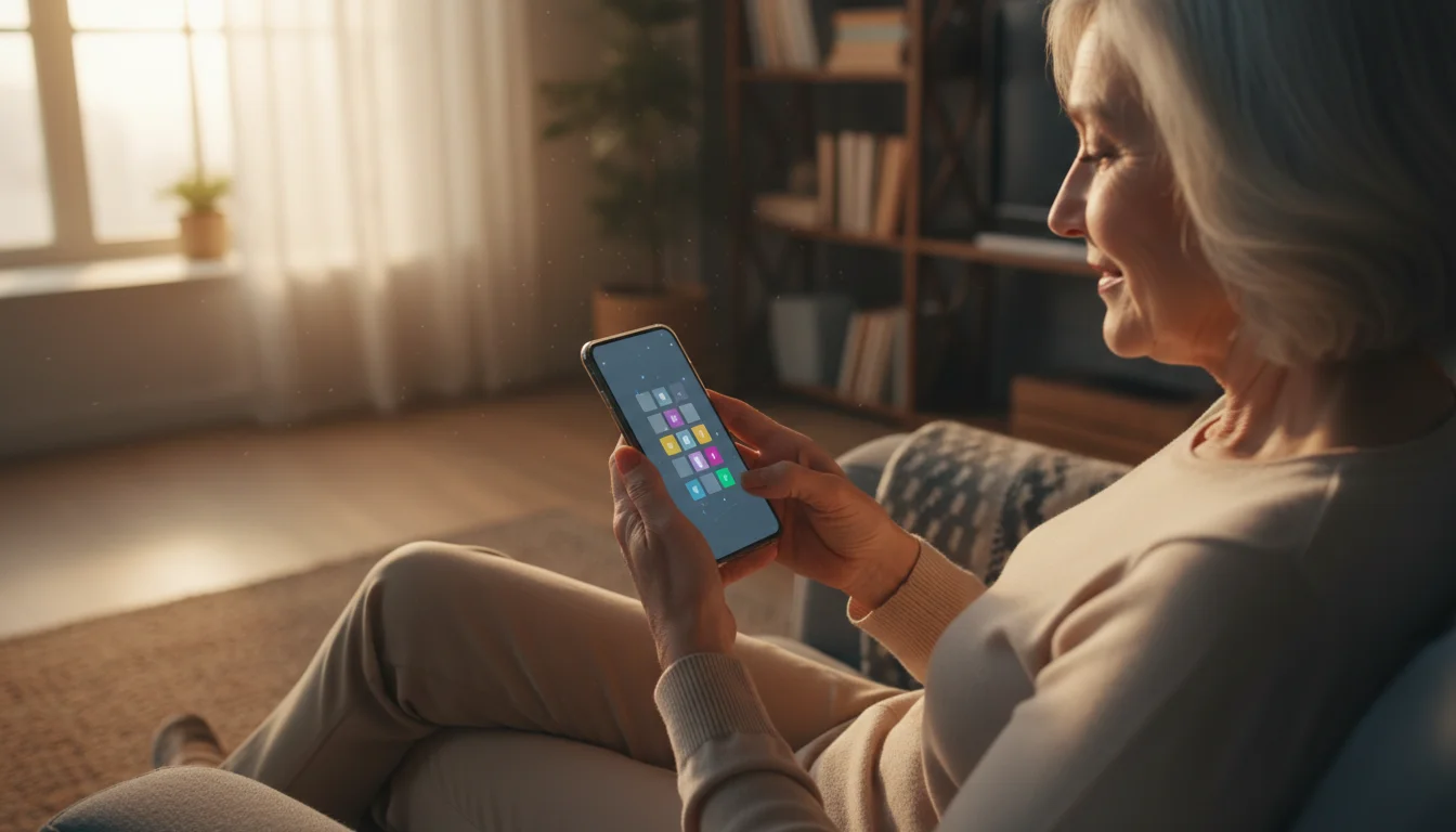 An older woman's hands, viewed over her shoulder, confidently setting a passcode on a generic smartphone in a sunlit living room.