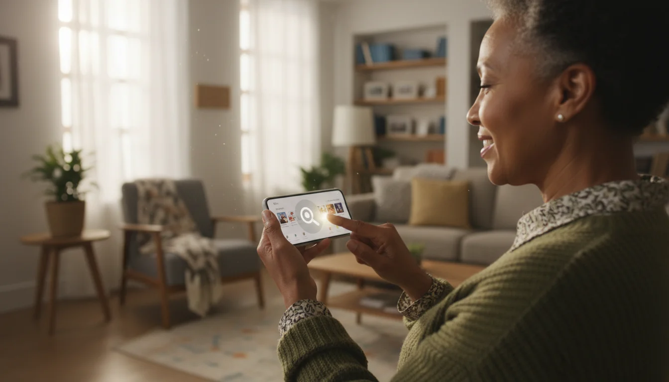 An over-the-shoulder shot of a senior woman pointing at a magnifying glass icon on a generic smartphone screen, demonstrating how to use a search function.
