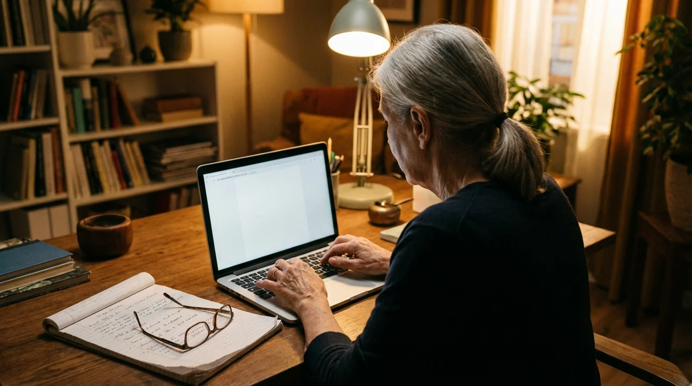 An over-the-shoulder view of a senior woman using a laptop at a desk with a notepad nearby.