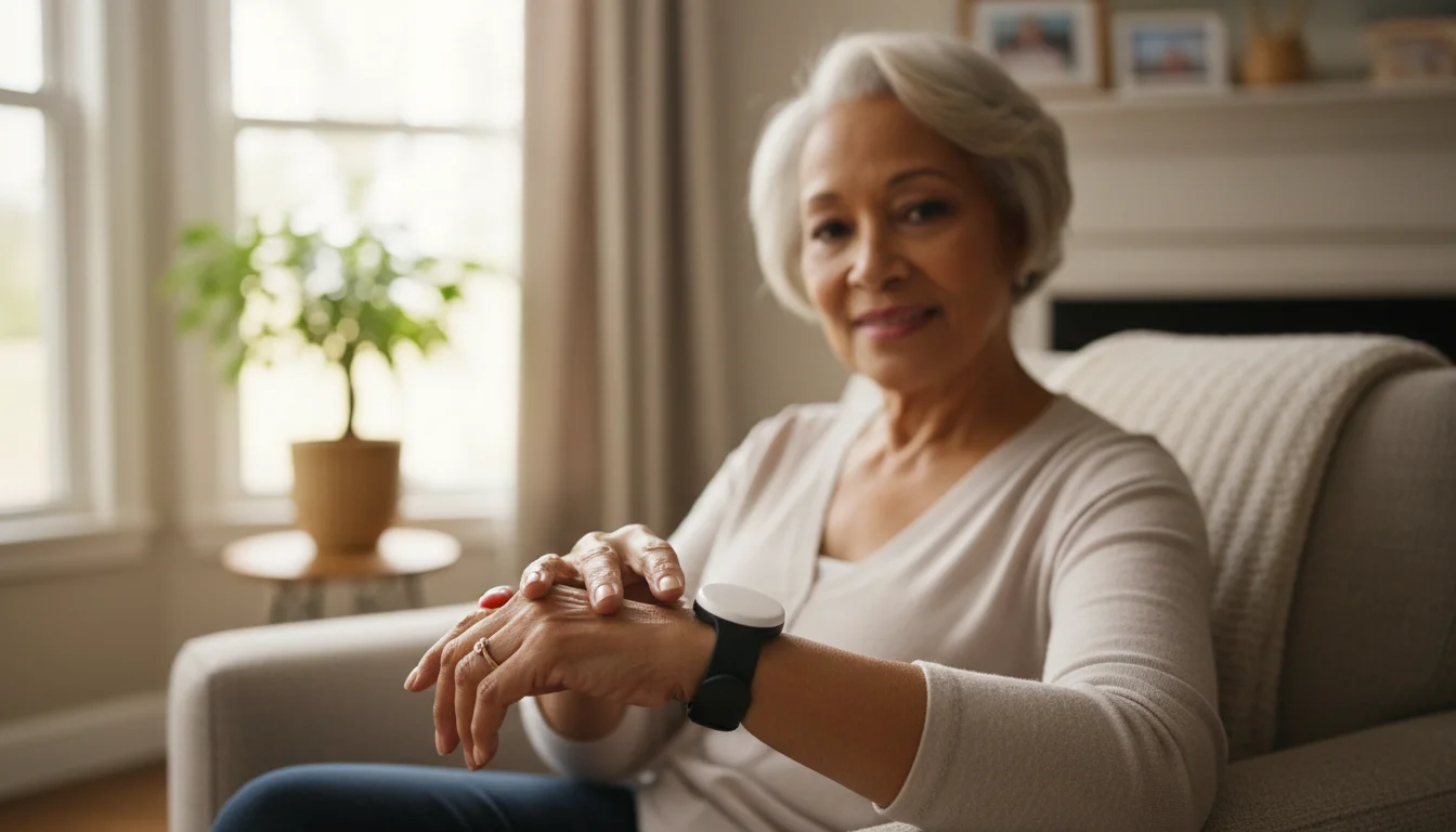 An over-the-shoulder view of a senior woman's hand gently touching a wearable emergency button on her wrist, in a softly lit room.