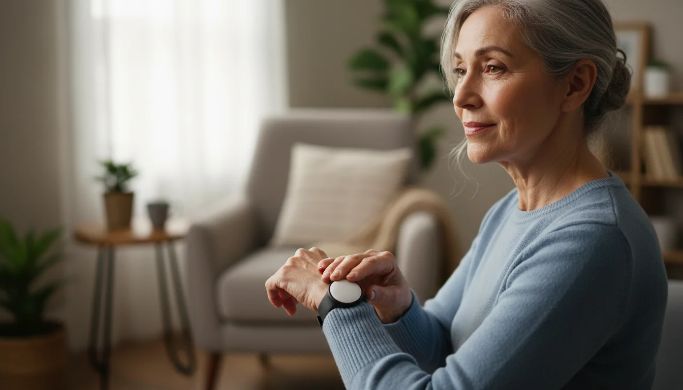 An over-the-shoulder view of a senior woman's hand gently touching a wearable emergency button on her wrist, in a softly lit room.