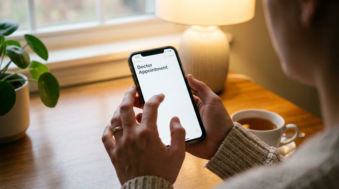 An over-the-shoulder view of someone typing a reminder into their phone's Notes app.