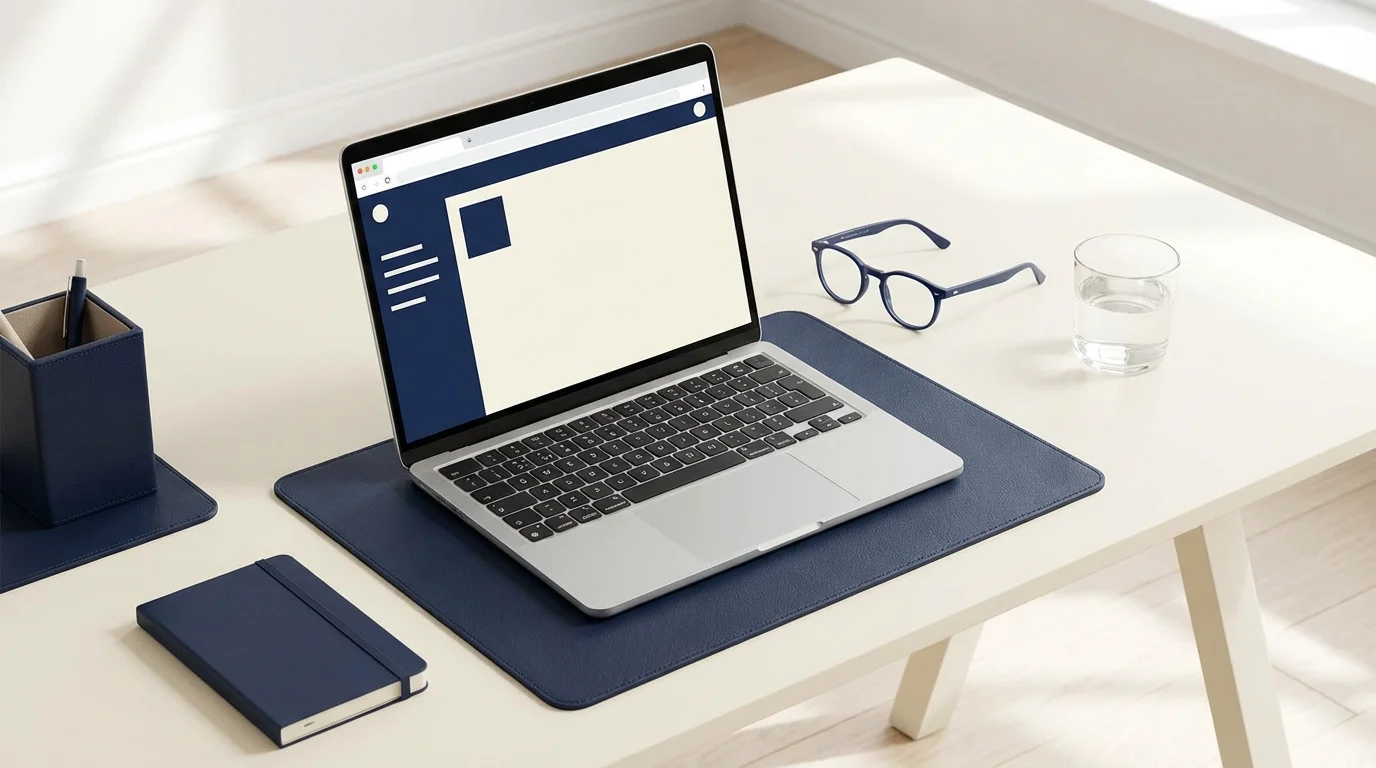 An overhead view of a clean workspace with a laptop and reading glasses.