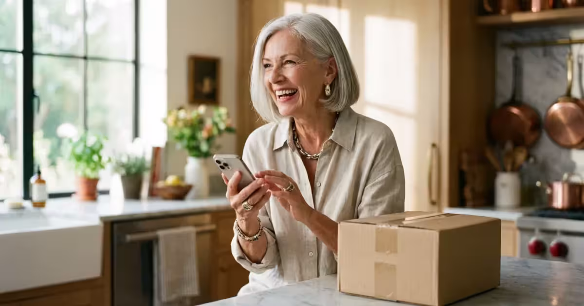 A senior woman holding a smartphone next to a delivery package in a bright, modern kitchen.