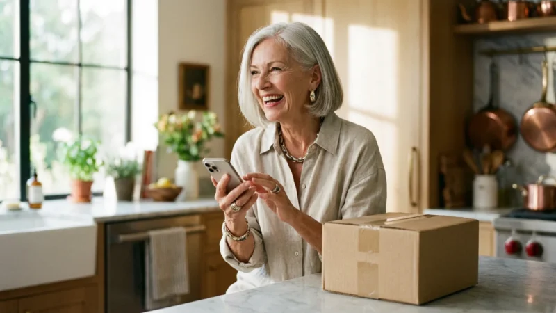 A senior woman holding a smartphone next to a delivery package in a bright, modern kitchen.