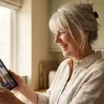 An older woman smiling at a video call on her tablet in a bright kitchen.