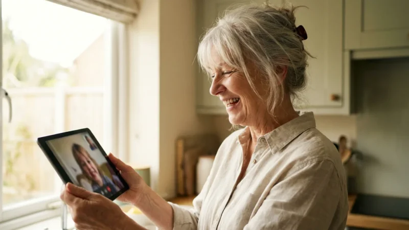 An older woman smiling at a video call on her tablet in a bright kitchen.