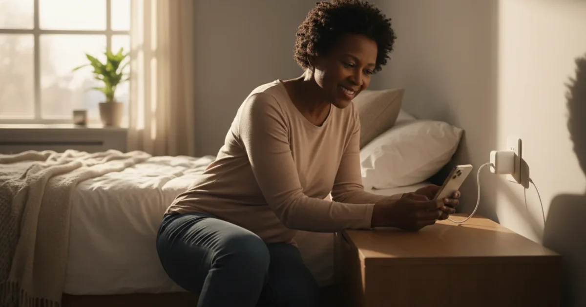 A smiling senior woman confidently plugs a smartphone into a charger on a bedside table, lit by warm natural light.