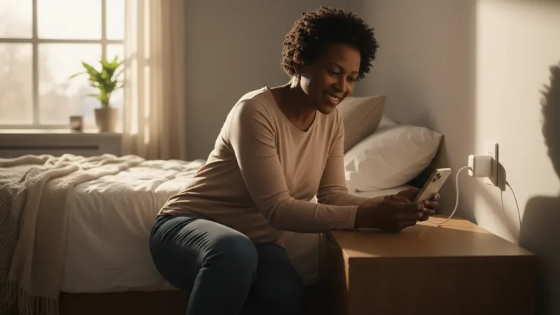 A smiling senior woman confidently plugs a smartphone into a charger on a bedside table, lit by warm natural light.