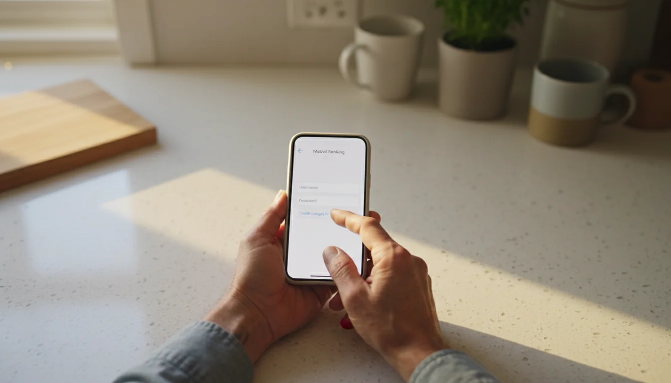 Close-up flat lay of a senior's hands interacting with a smartphone displaying a banking app login screen, highlighting a 'forgot password' option.