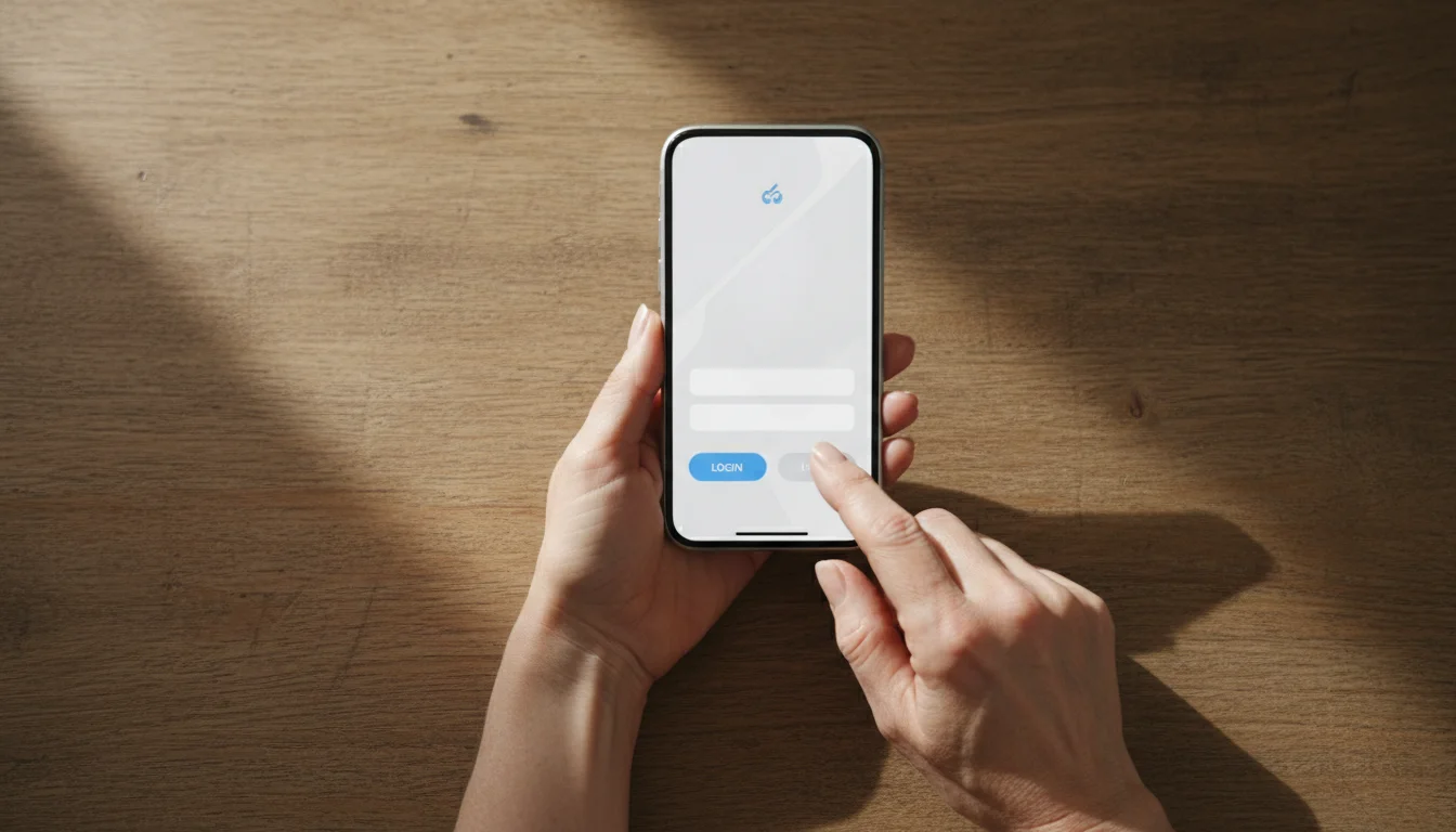 Close-up, high-angle flat lay of a senior woman's hands holding a smartphone with a blurred login screen, resting on a warm wooden surface.