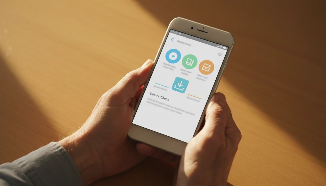 Close-up, high-angle view of a senior's hands holding a generic smartphone. The phone screen shows a simplified app store interface. Warm, natural light.