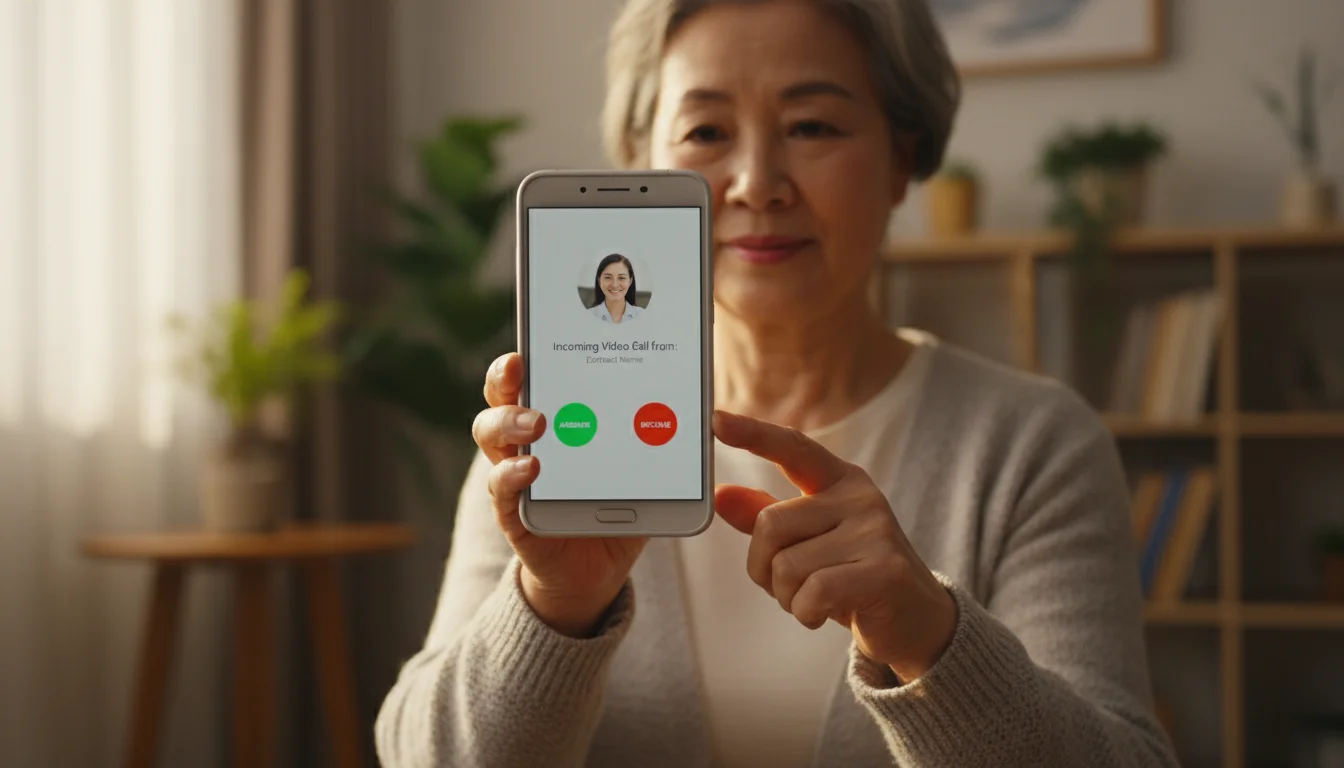 Close-up, low-angle view of a smiling senior woman's hands confidently holding an Android phone with an incoming video call, bathed in golden hour light.