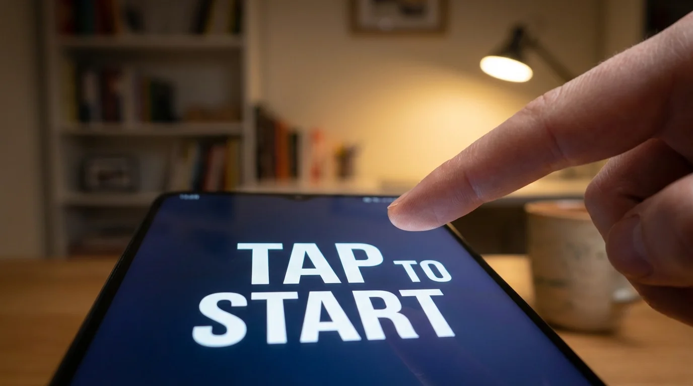 Close-up of a finger tapping large, clear text on a smartphone screen.