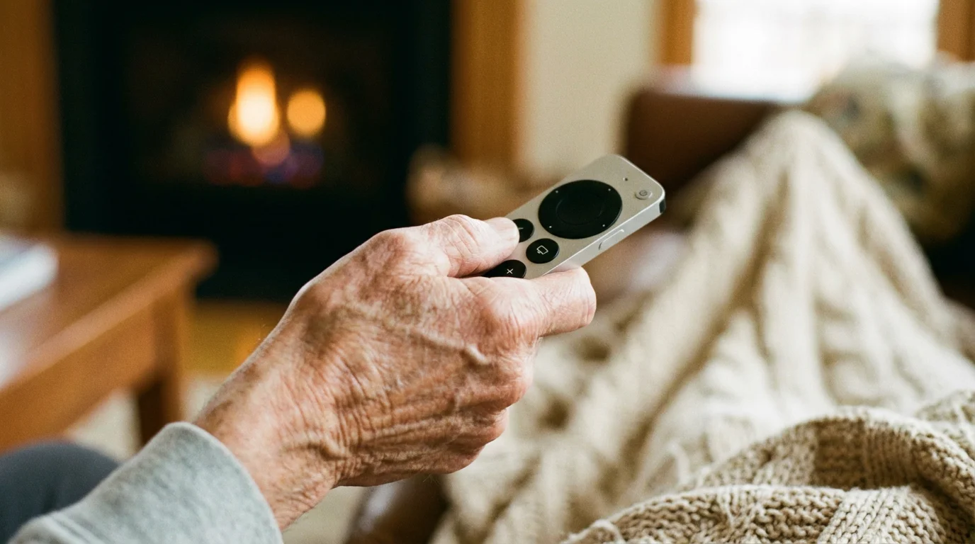 Close-up of a hand holding a sleek, modern smart TV remote with a blurred living room background.