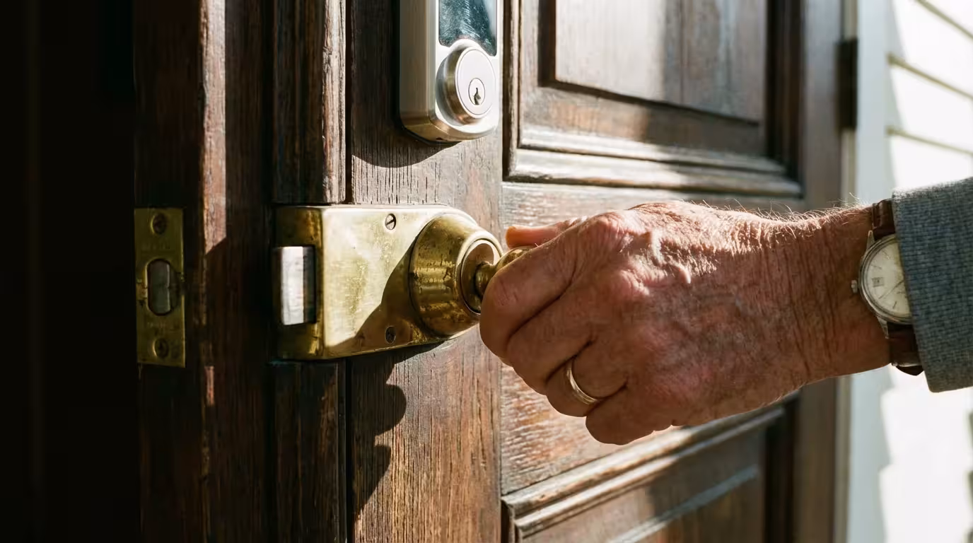 Close-up of a hand locking a deadbolt on a wooden door, symbolizing extra security.