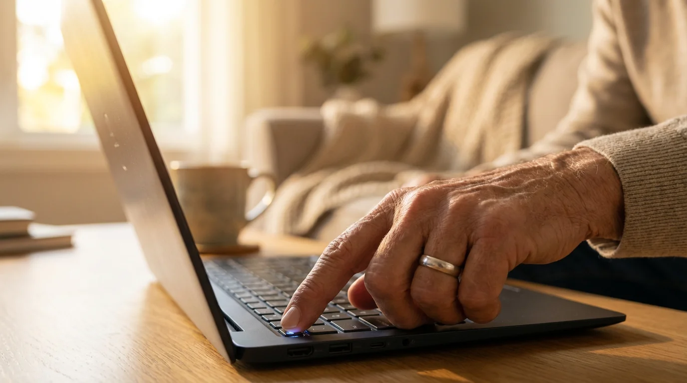 Close-up of a hand pressing a laptop power button in a warm home.
