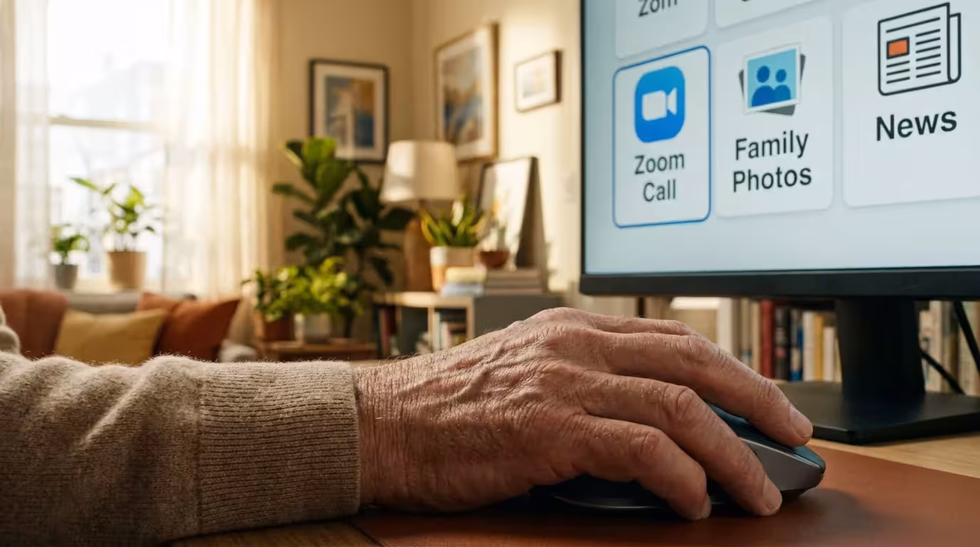 Close-up of a hand using a mouse in front of a computer screen showing large icons and text.