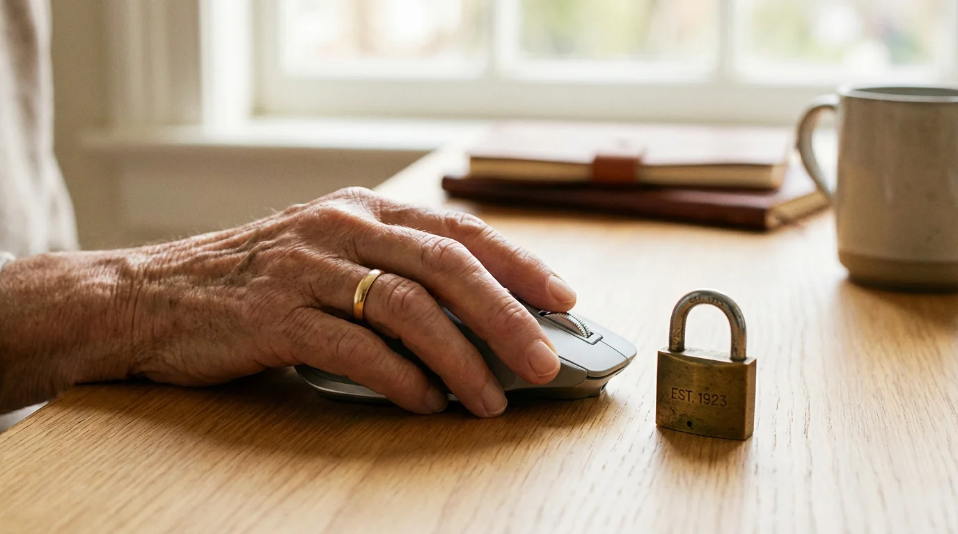 Close-up of a hand using a mouse next to a small brass padlock on a wooden desk.