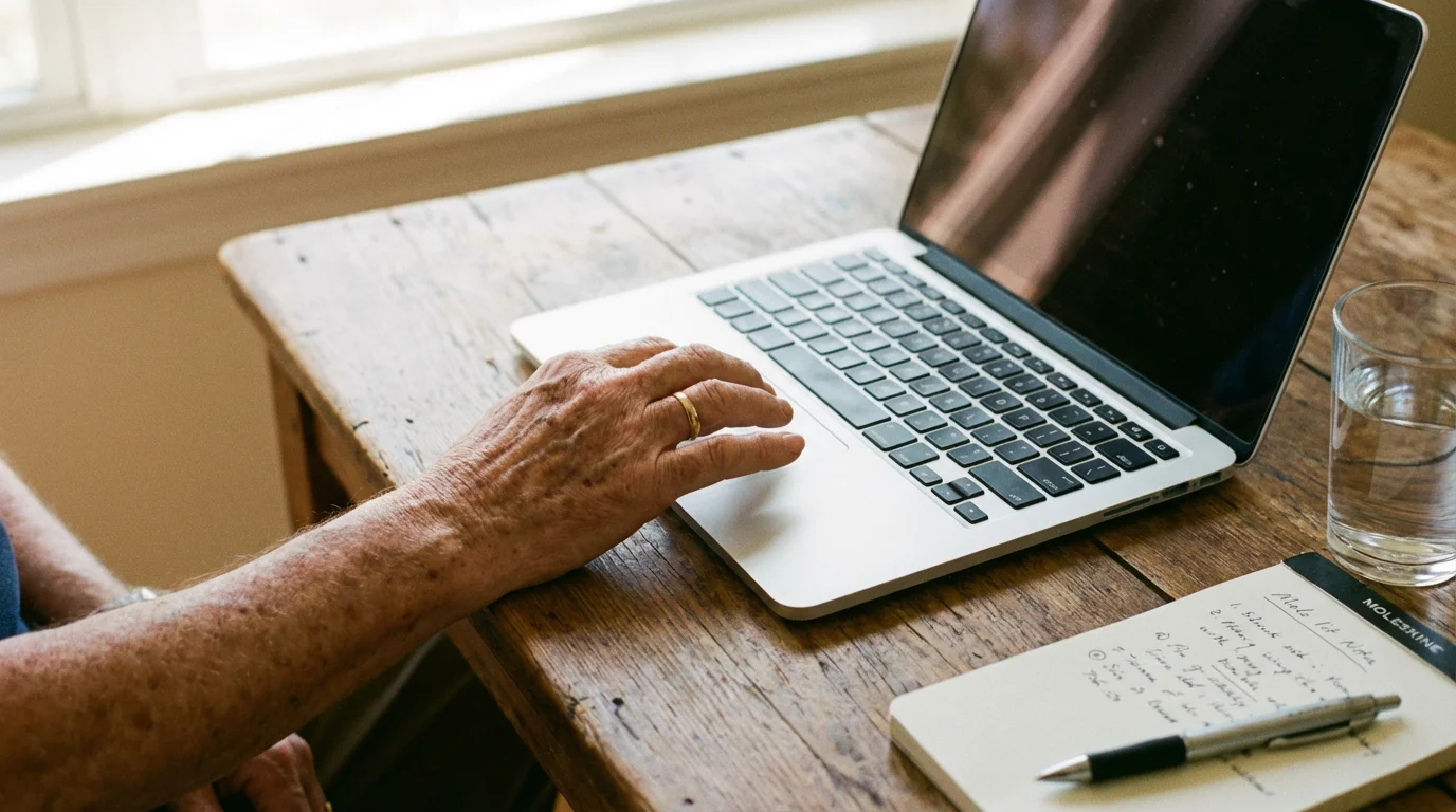 Close-up of a laptop and a notepad on a wooden table, suggesting careful planning.