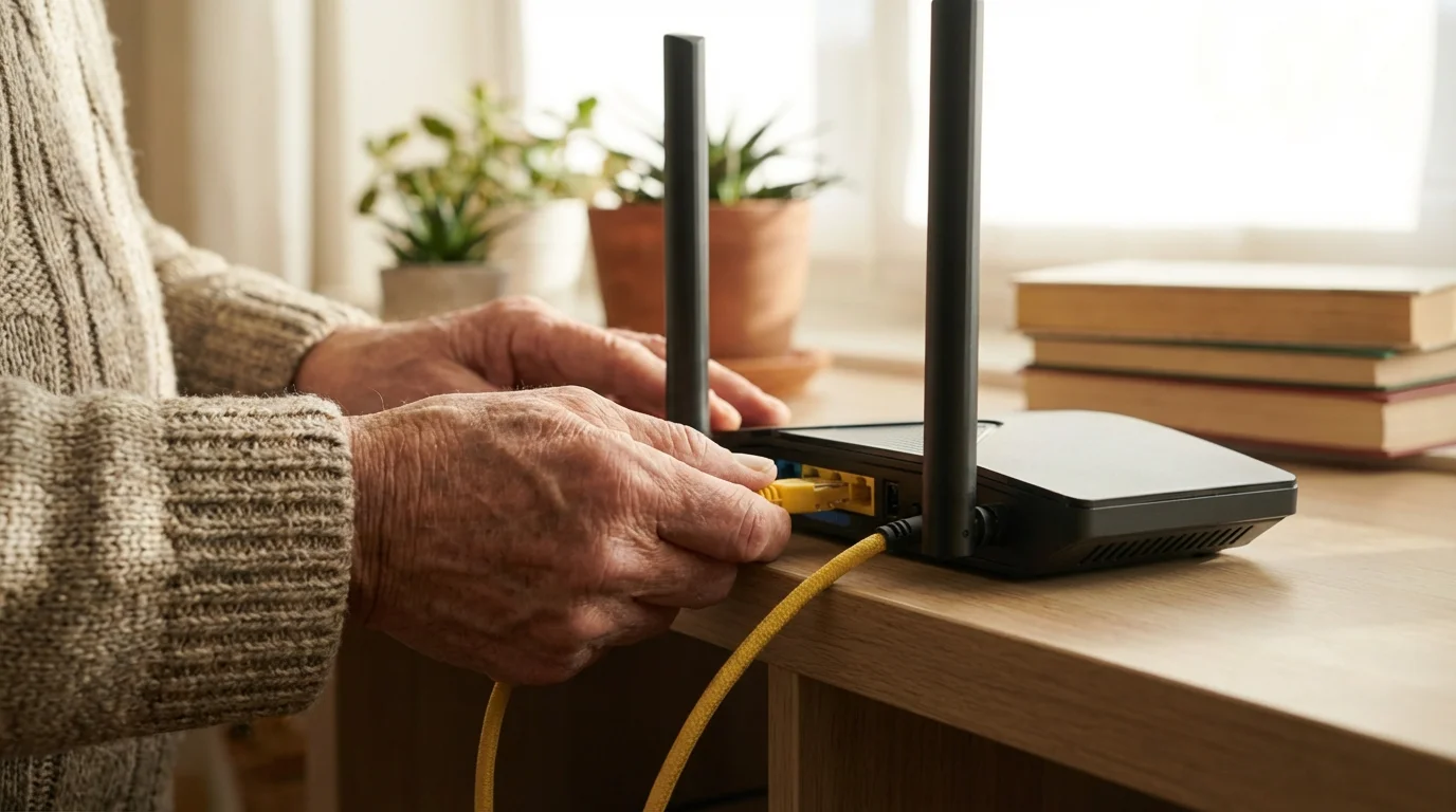 Close-up of a person's hands checking a cable connection on the back of an internet router.
