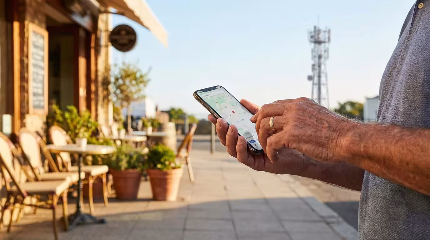 Close-up of a person's hands using a smartphone outdoors with a clear sky background.
