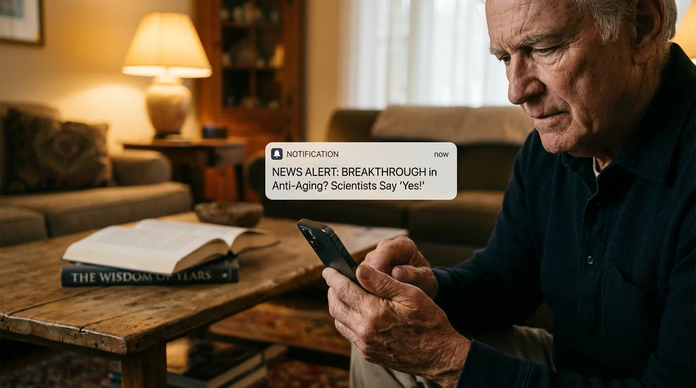Close-up of a senior man looking skeptically at a text message notification on his phone.