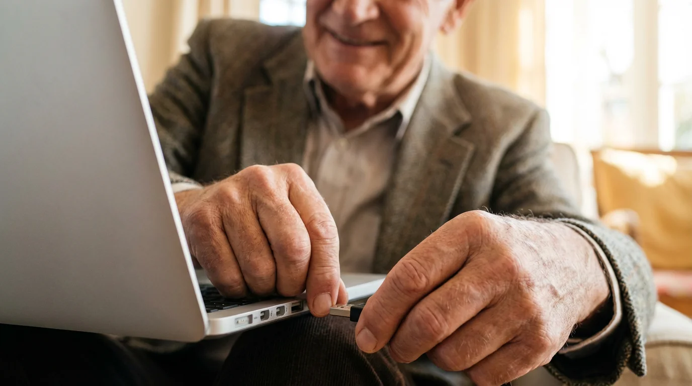 Close-up of a senior man's hands plugging a cable into a laptop.