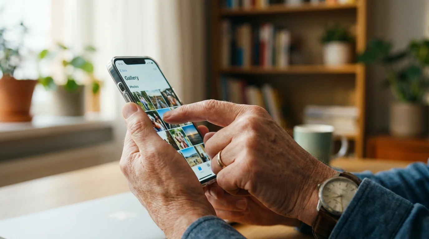 Close-up of a senior person's hands navigating a smartphone screen.