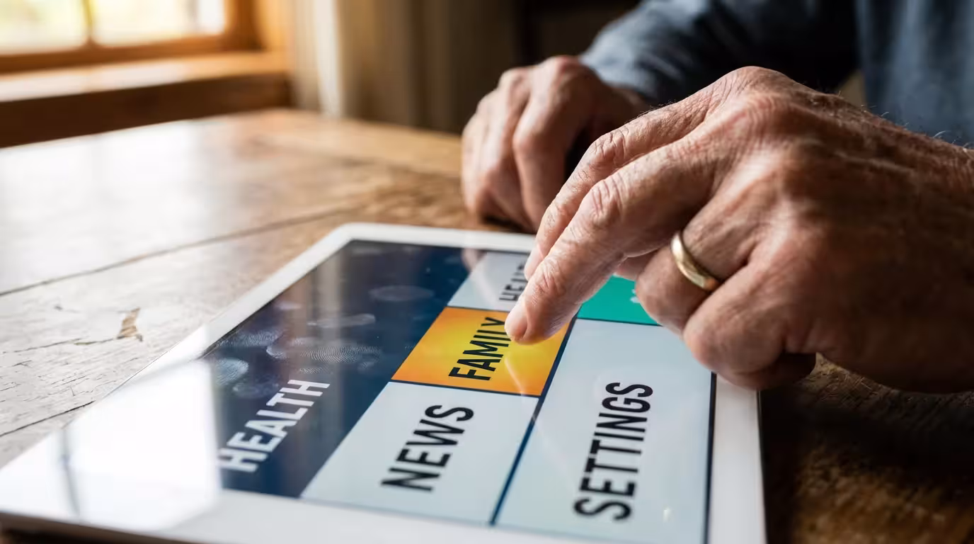 Close-up of a senior's hand tapping a large, easy-to-read icon on a bright tablet screen.